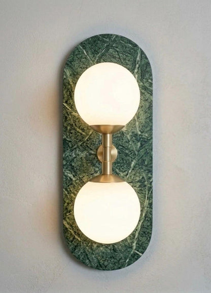 Green Marble Wall Sconce with Brass & Frosted Glass – Handmade Wall Light | Les Trois Pyramides.