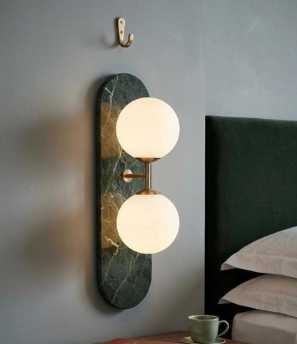 Green Marble Wall Sconce with Brass & Frosted Glass – Handmade Wall Light | Les Trois Pyramides.
