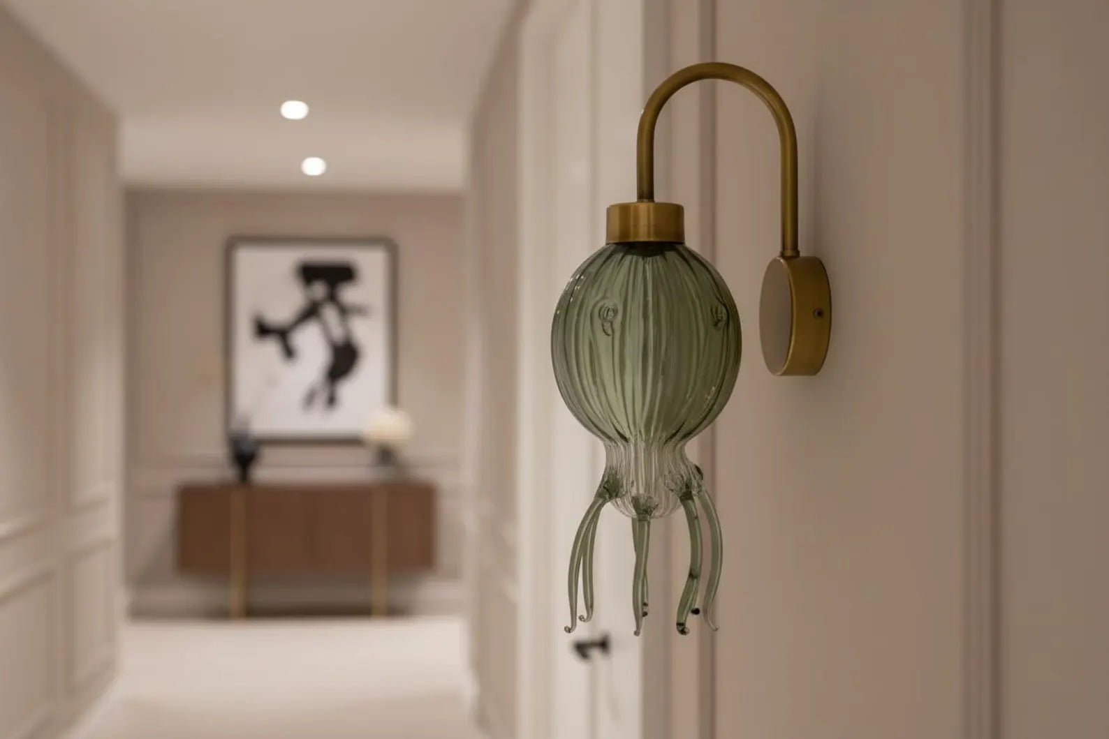 Green Octopus Glass Wall Sconce with Brass – Hand Blown Artistic Wall Light | Les Trois Pyramides