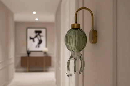 Green Octopus Glass Wall Sconce with Brass – Hand Blown Artistic Wall Light | Les Trois Pyramides