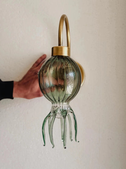 Green Octopus Glass Wall Sconce with Brass – Hand Blown Artistic Wall Light | Les Trois Pyramides