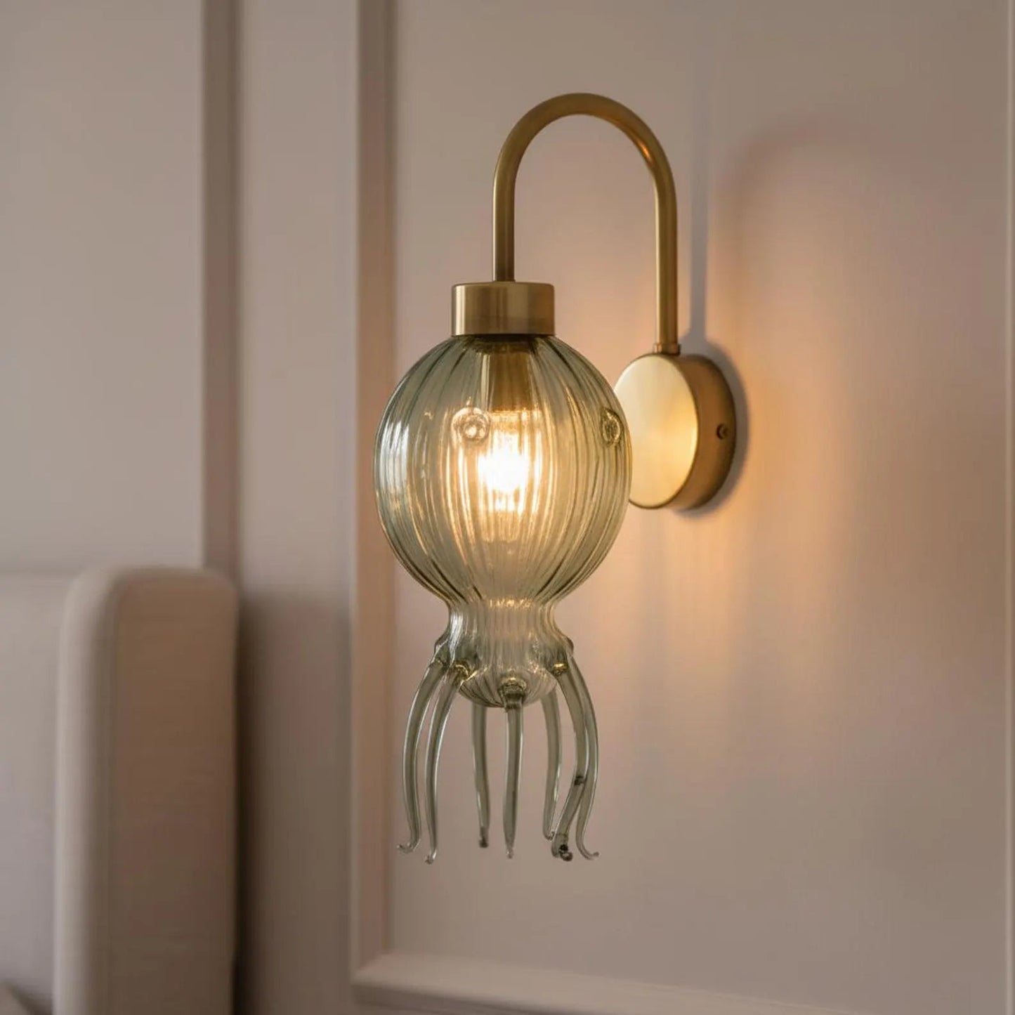 Green Octopus Glass Wall Sconce with Brass – Hand Blown Artistic Wall Light | Les Trois Pyramides
