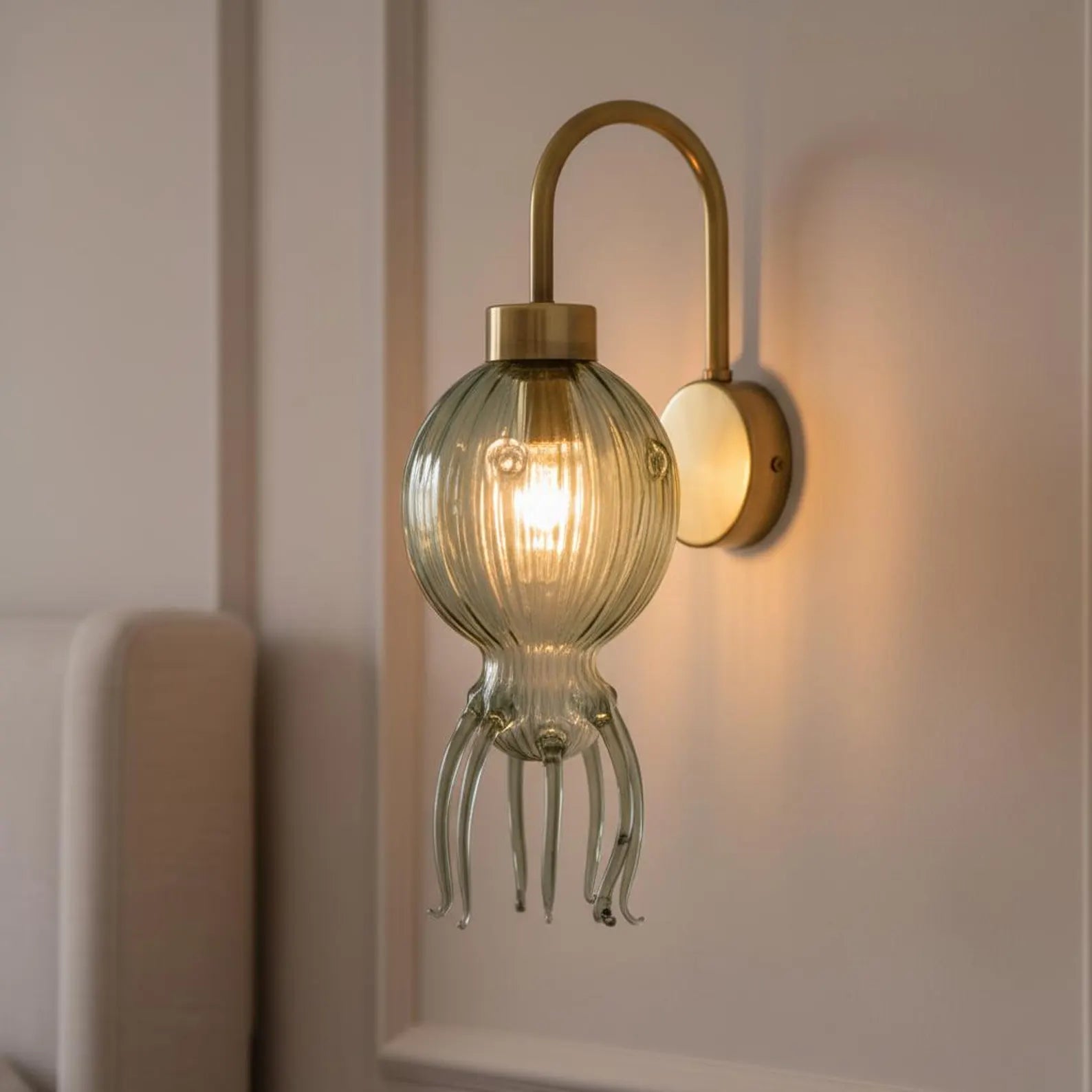 Green Octopus Glass Wall Sconce with Brass – Hand Blown Artistic Wall Light | Les Trois Pyramides