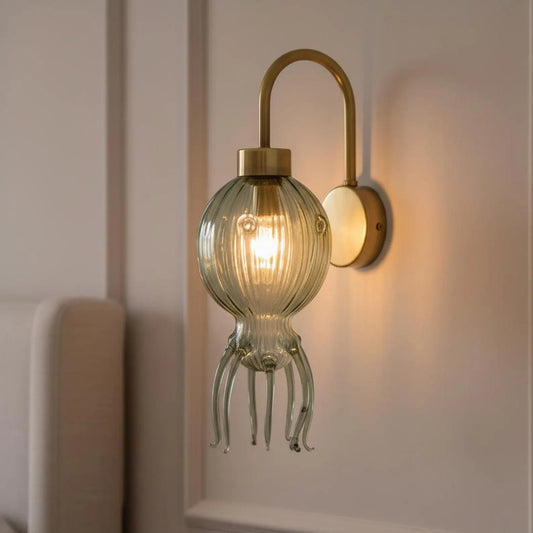 Green Octopus Glass Wall Sconce with Brass – Hand Blown Artistic Wall Light | Les Trois Pyramides