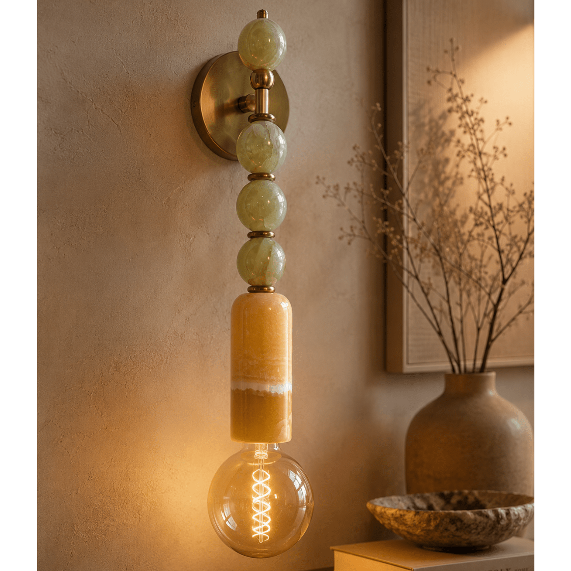Green Onyx & Marble Wall Sconce in Brass - Luxury Bedside Lighting