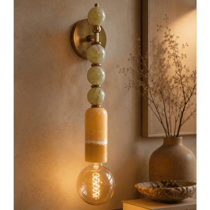 Green Onyx & Marble Wall Sconce in Brass - Luxury Bedside Lighting
