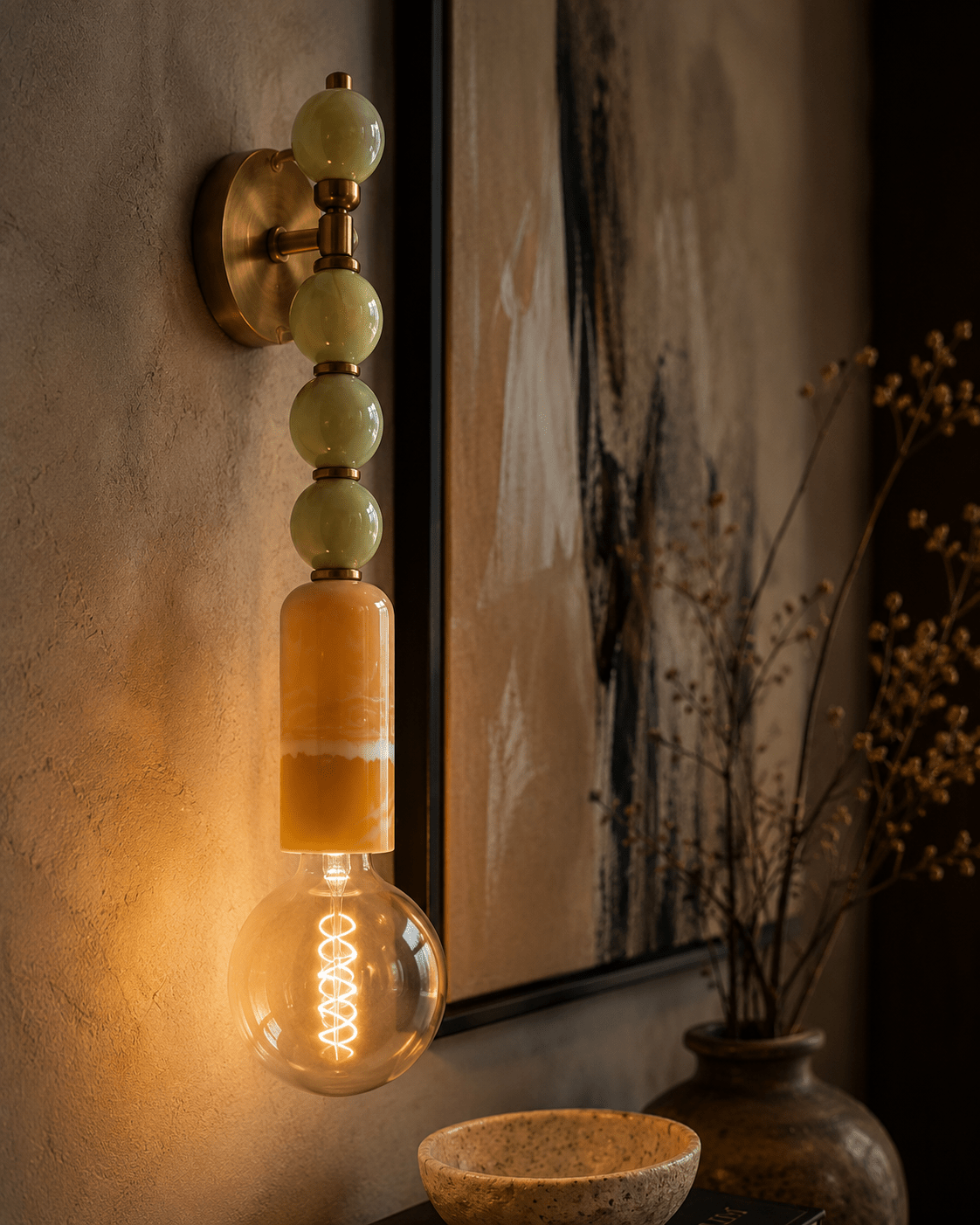 Green Onyx & Marble Wall Sconce in Brass - Luxury Bedside Lighting
