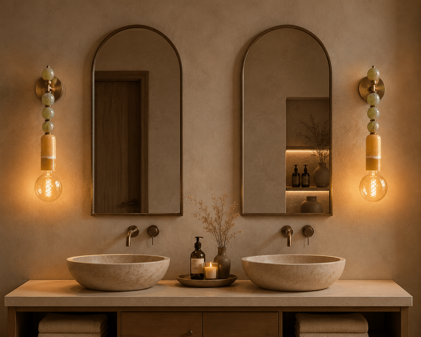 Green Onyx & Marble Wall Sconce in Brass - Luxury Bedside Lighting