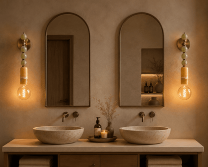 Green Onyx & Marble Wall Sconce in Brass - Luxury Bedside Lighting
