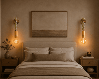 Green Onyx & Marble Wall Sconce in Brass - Luxury Bedside Lighting