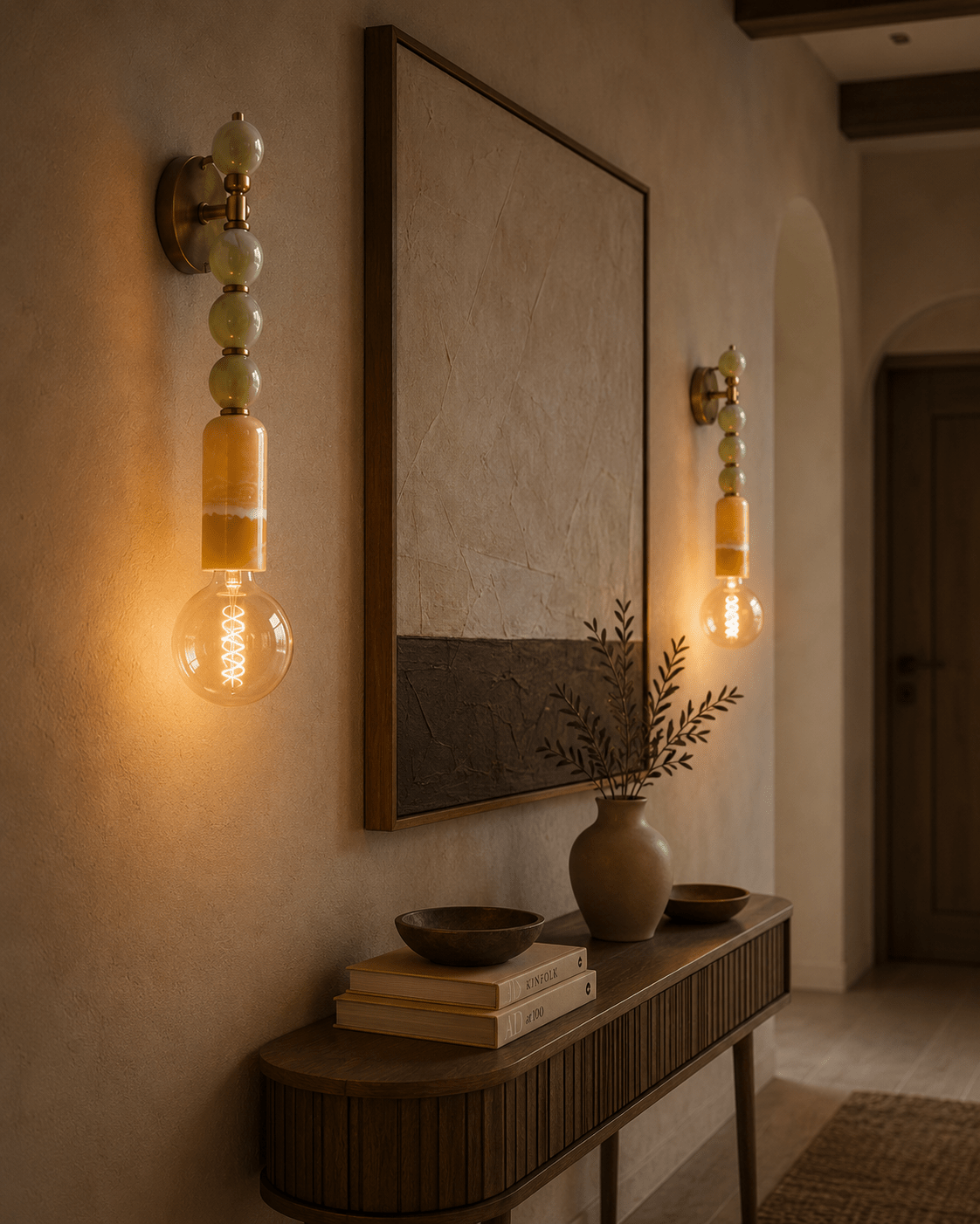 Green Onyx & Marble Wall Sconce in Brass - Luxury Bedside Lighting