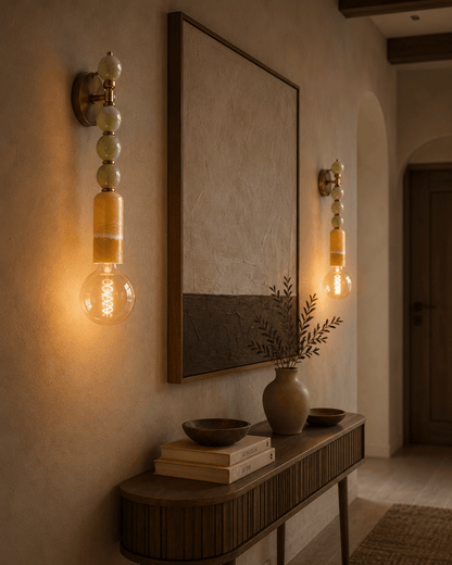 Green Onyx & Marble Wall Sconce in Brass - Luxury Bedside Lighting