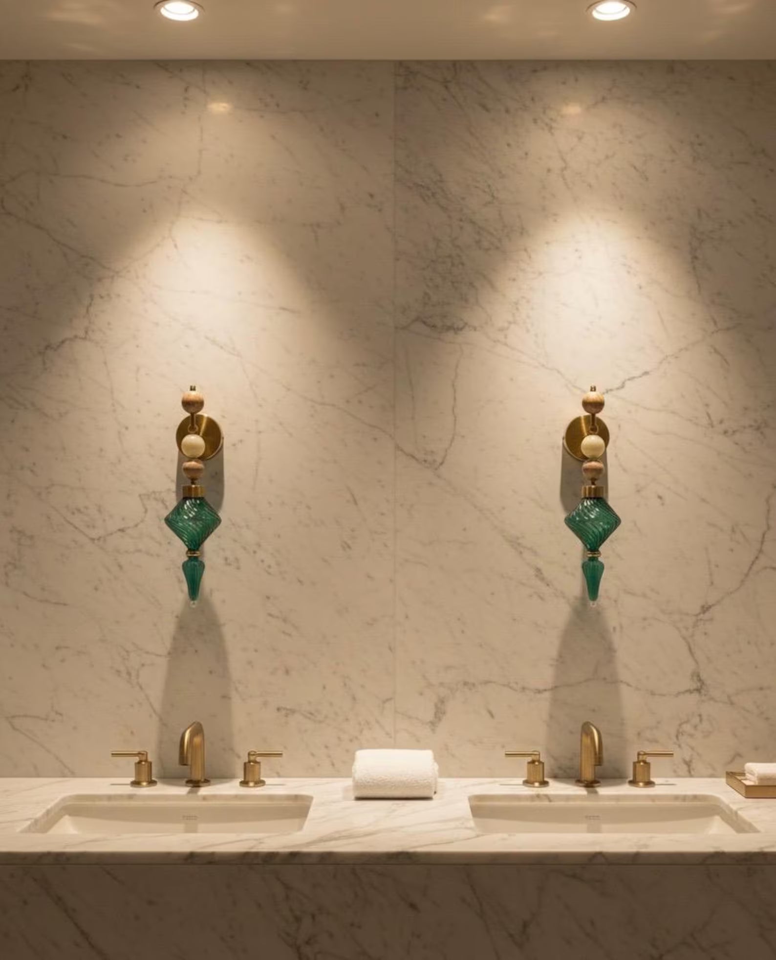 Bathroom vanity with dual sinks, gold fixtures, and decorative wall sconces against a marble wall.