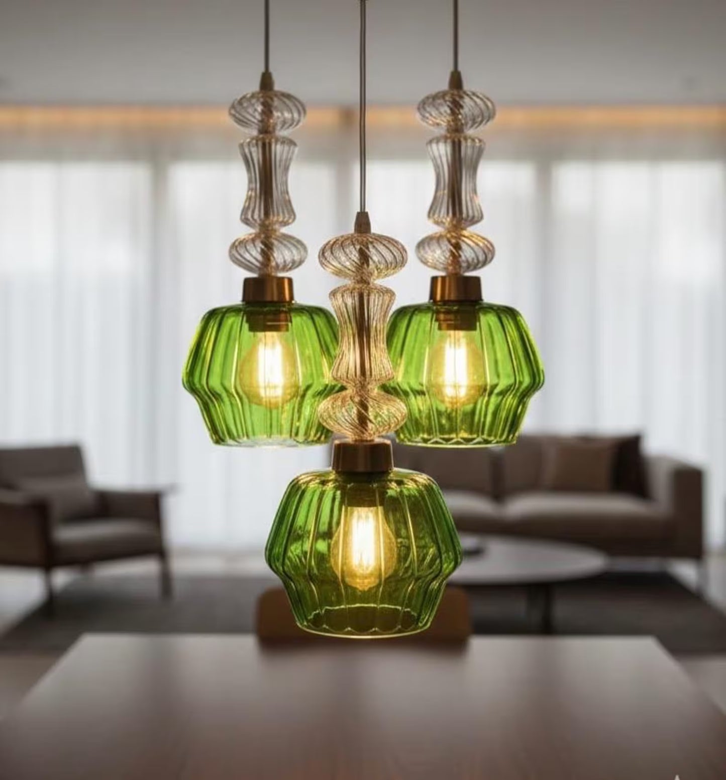 Green and Crystal Hanging Lamp for Living room - Les Trois Pyramides