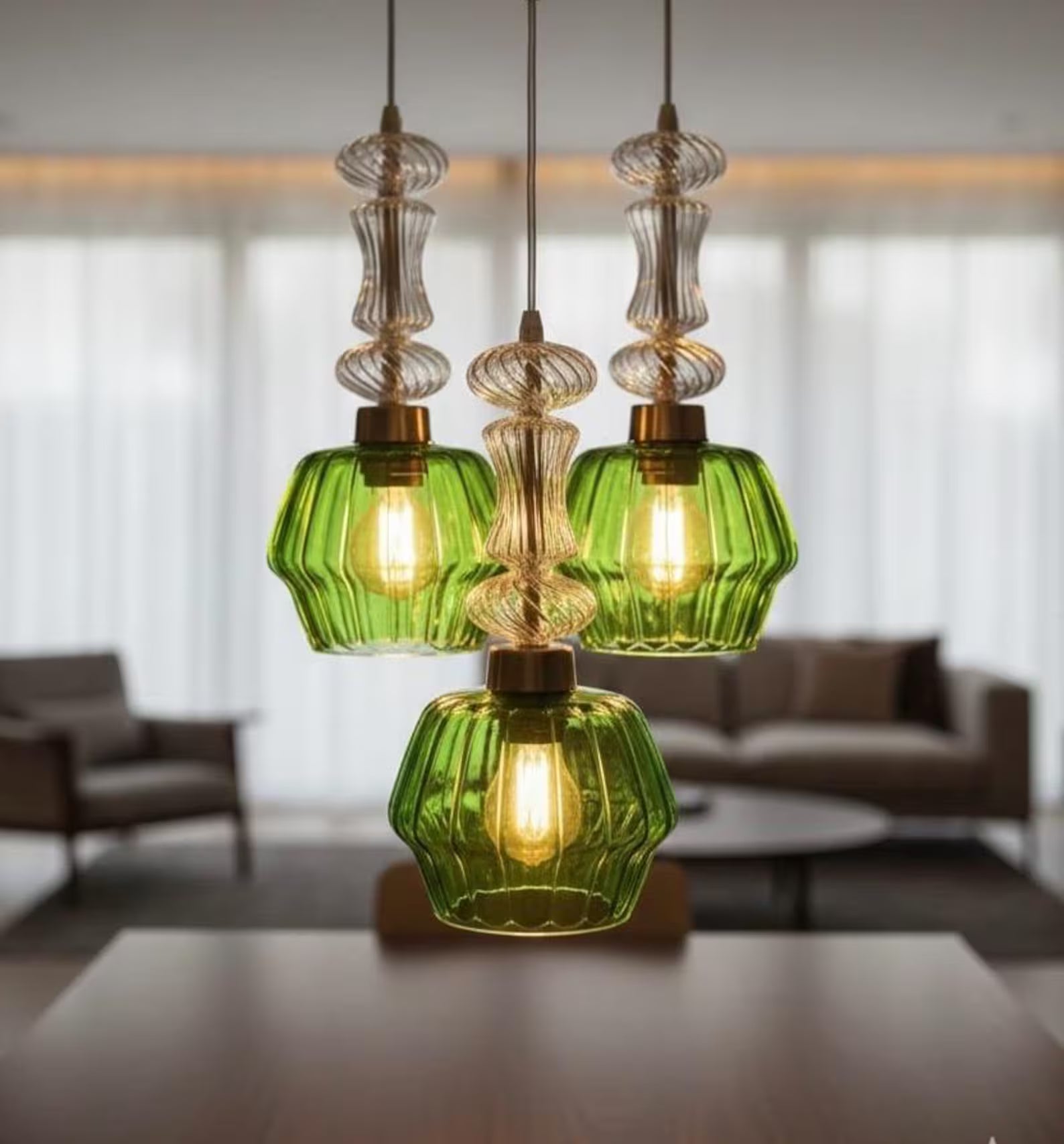 Green and Crystal Hanging Lamp for Living room - Les Trois Pyramides