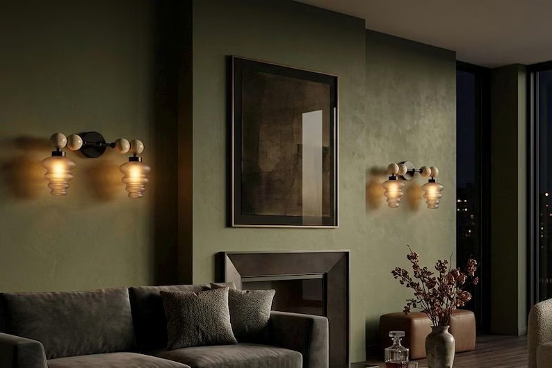 Modern Wall Sconce with Frosted Grey Double Glass | Marble and Frosted Glass Light Fixture | Les Trois Pyramides