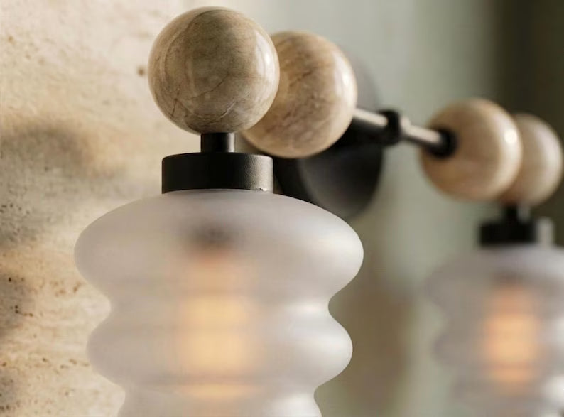 Modern Wall Sconce with Frosted Grey Double Glass | Marble and Frosted Glass Light Fixture | Les Trois Pyramides