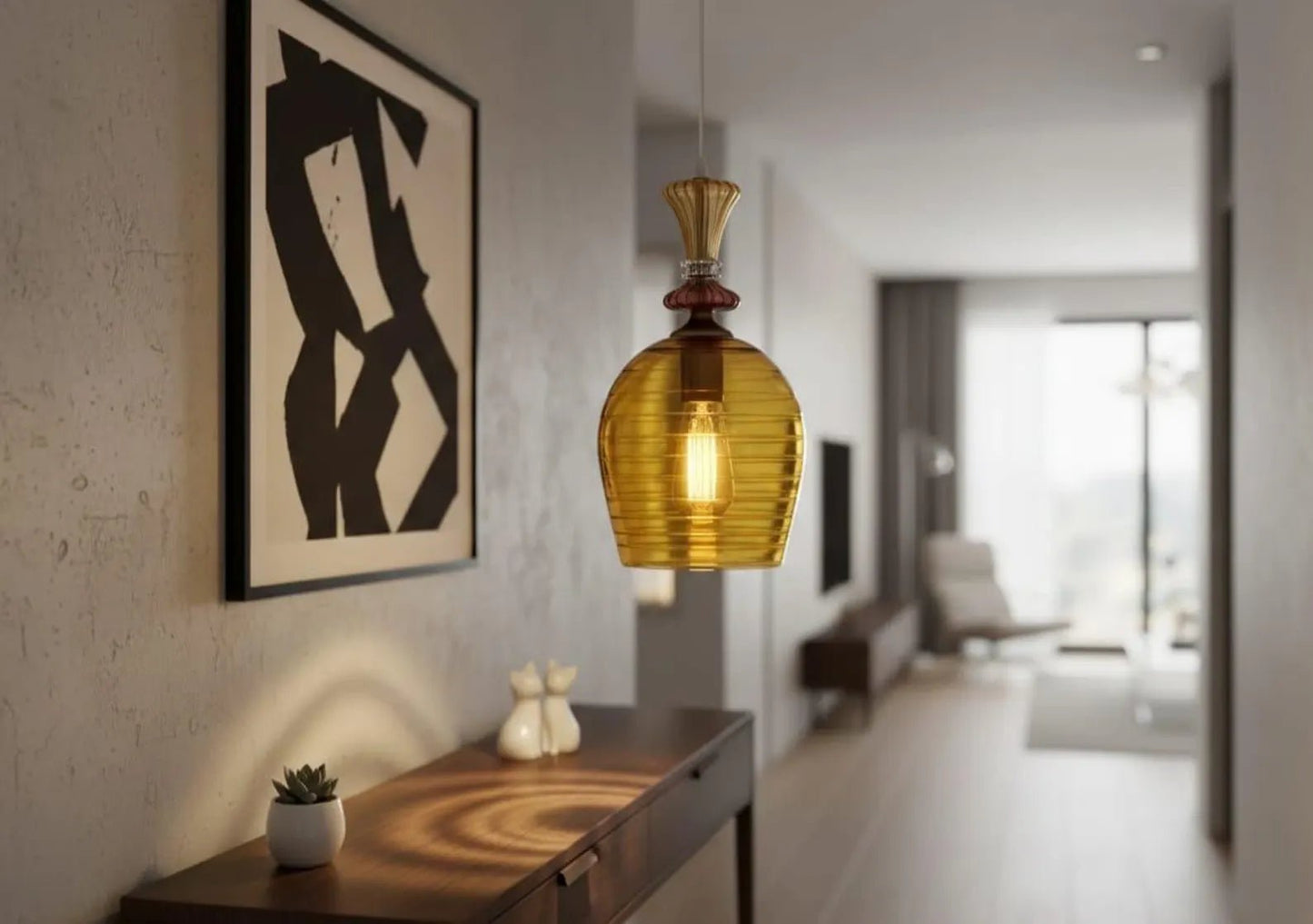 Hand Blown Amber Engraved Glass Pendant Light – Elongated Hanging Lamp | Les Trois Pyramides