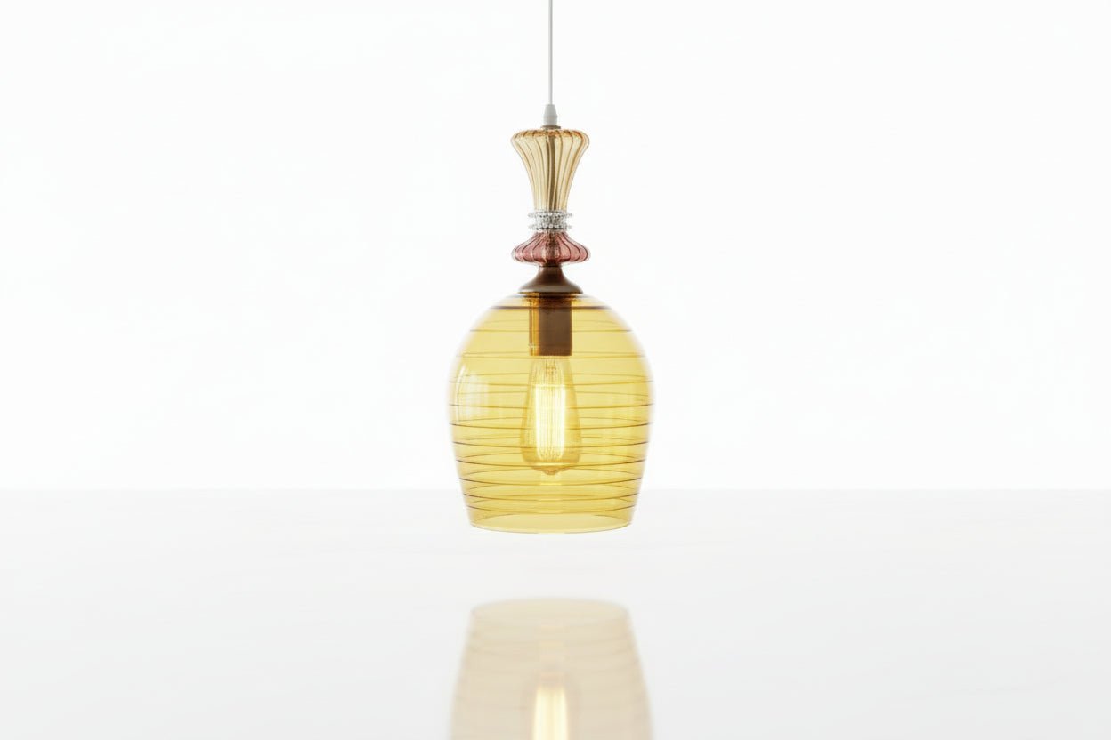 Hand Blown Amber Engraved Glass Pendant Light – Elongated Hanging Lamp