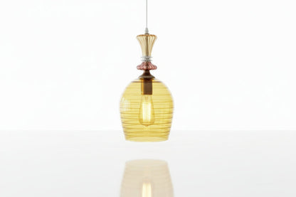 Hand Blown Amber Engraved Glass Pendant Light – Elongated Hanging Lamp
