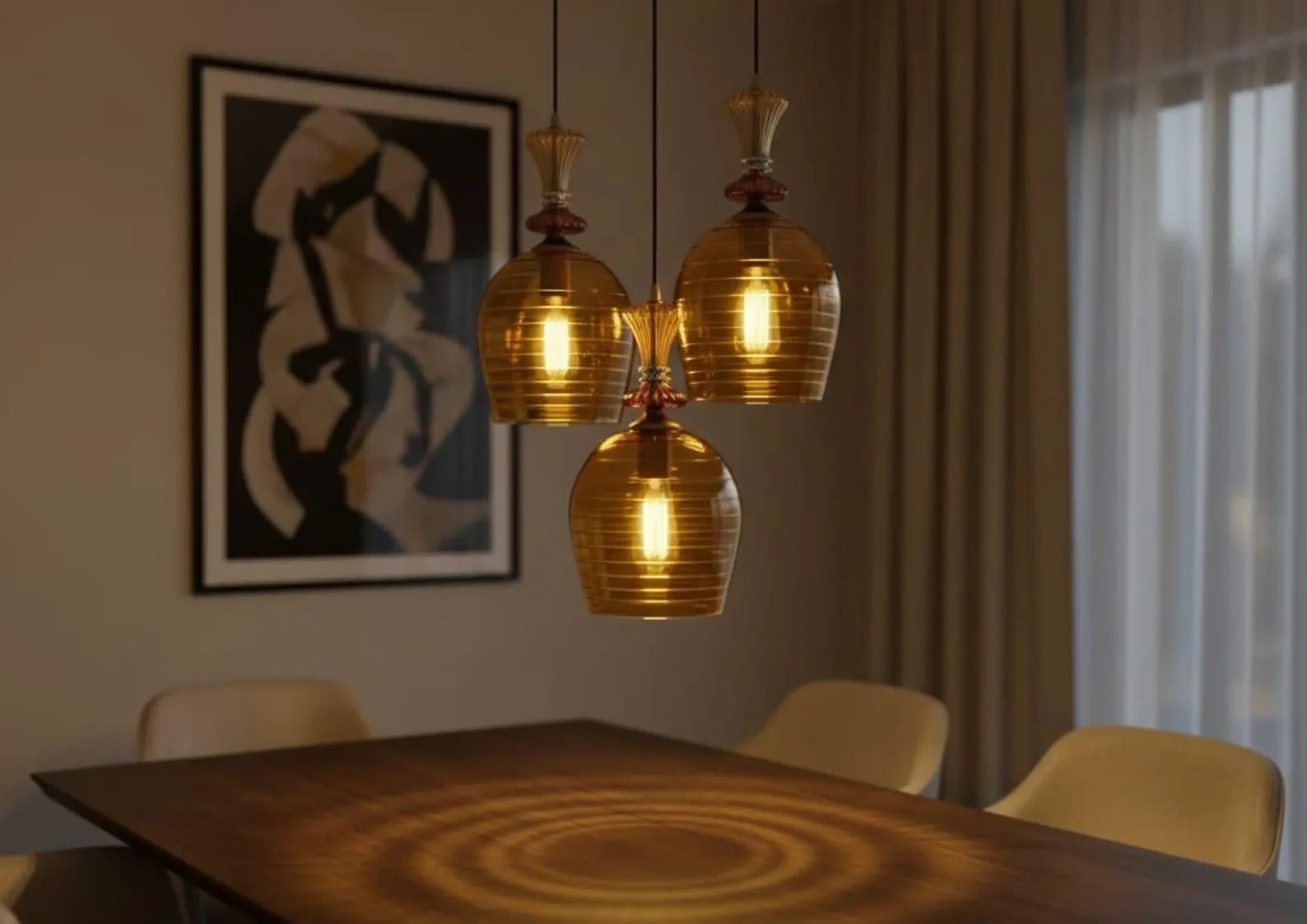 Hand Blown Amber Engraved Glass Pendant Light – Elongated Hanging Lamp | Les Trois Pyramides