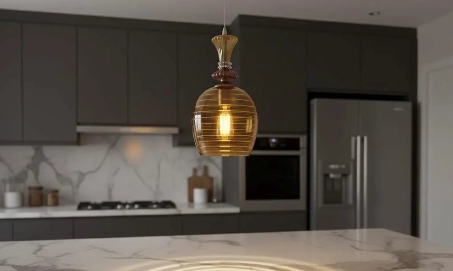 Hand Blown Amber Engraved Glass Pendant Light – Elongated Hanging Lamp | Les Trois Pyramides