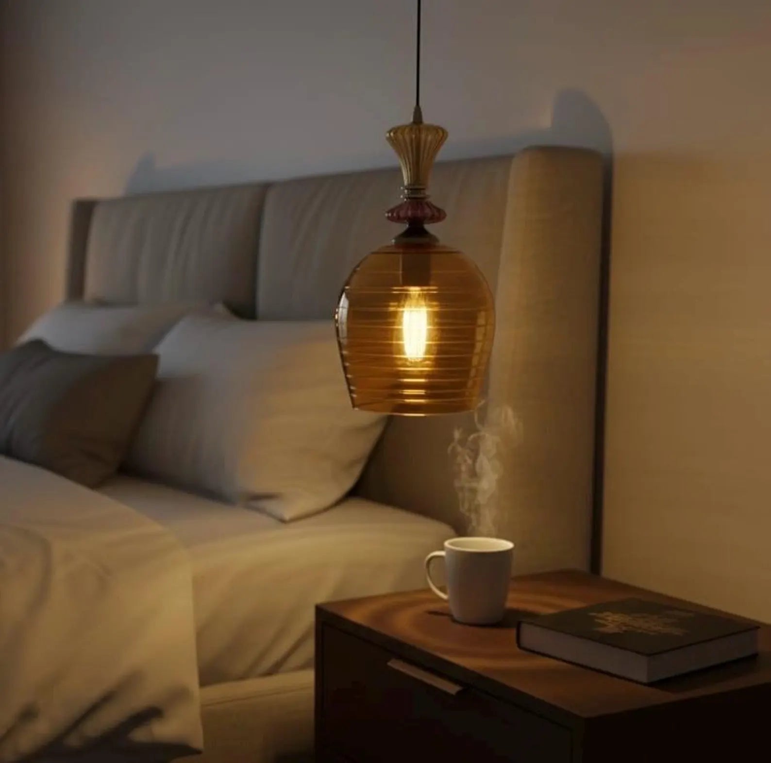 Hand Blown Amber Engraved Glass Pendant Light – Elongated Hanging Lamp | Les Trois Pyramides