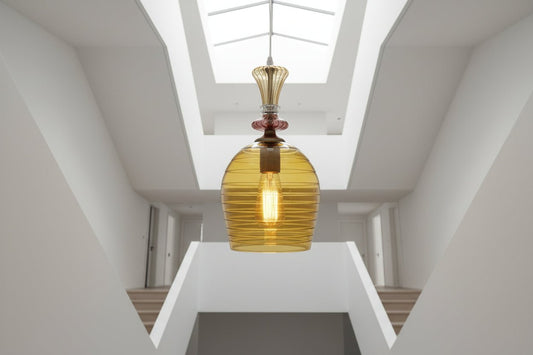 Hand Blown Amber Engraved Glass Pendant Light – Elongated Hanging Lamp