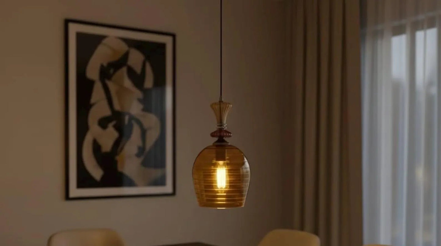 Hand Blown Amber Engraved Glass Pendant Light – Elongated Hanging Lamp | Les Trois Pyramides