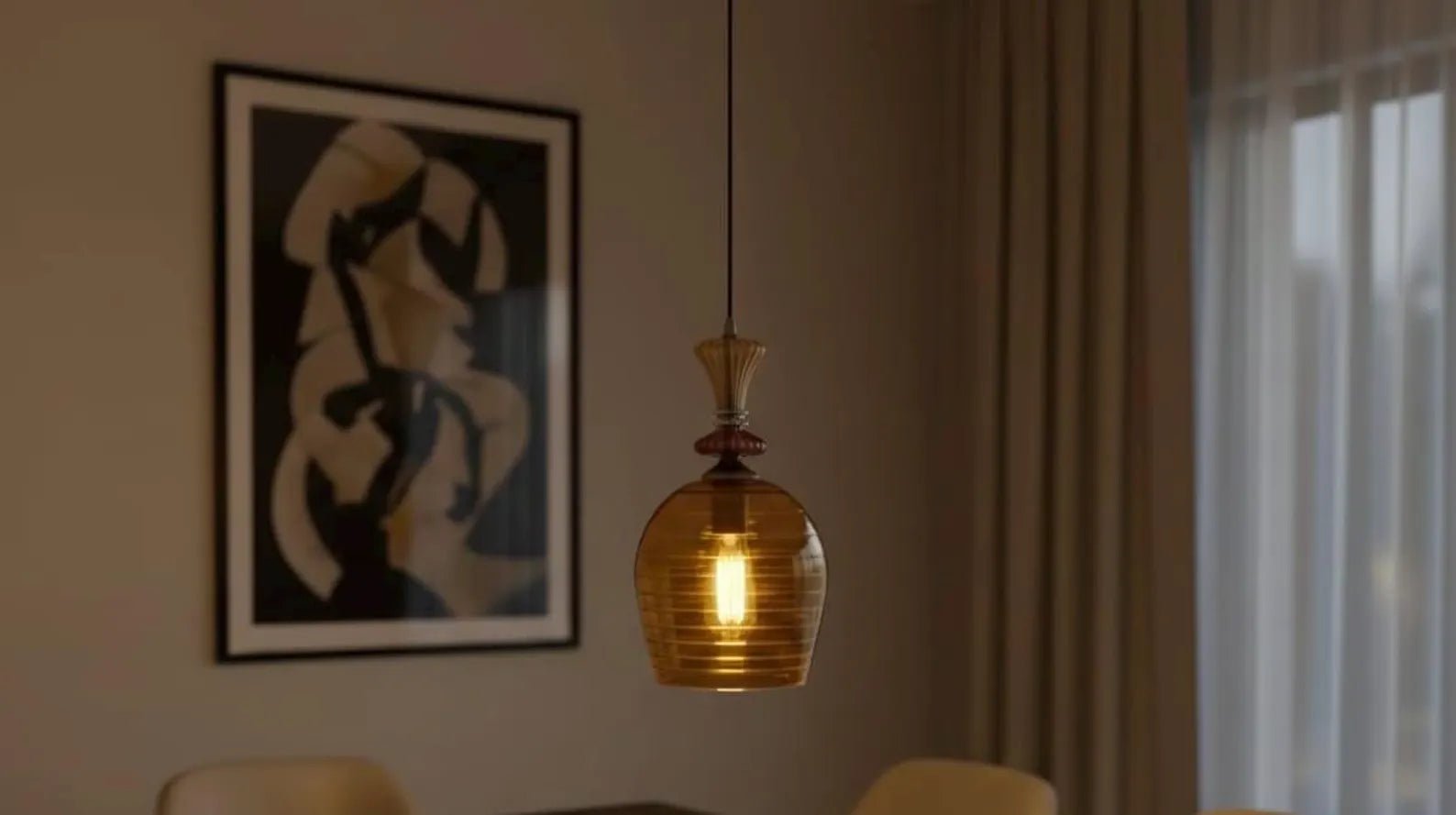 Hand Blown Amber Engraved Glass Pendant Light – Elongated Hanging Lamp | Les Trois Pyramides