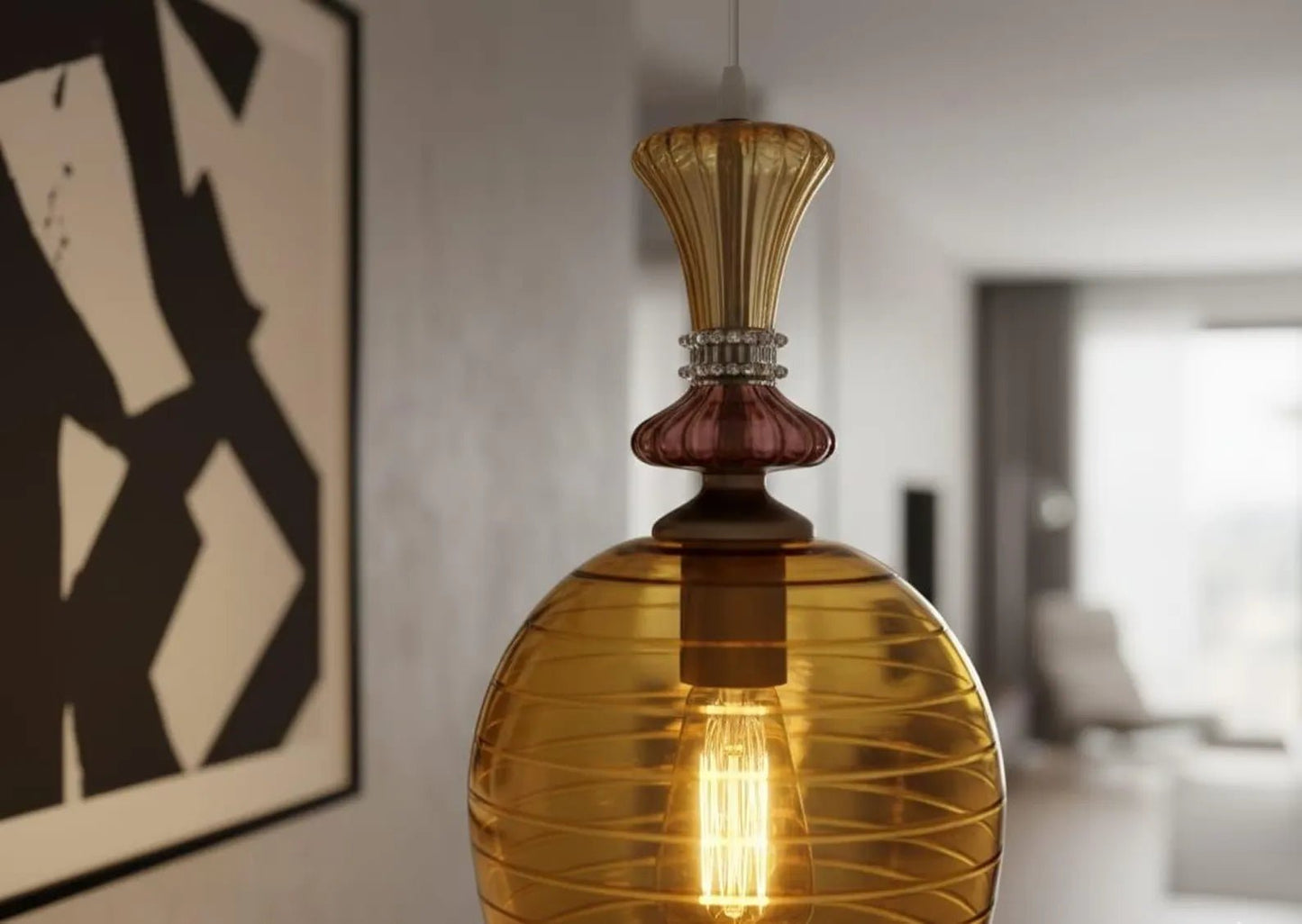 Hand Blown Amber Engraved Glass Pendant Light – Elongated Hanging Lamp | Les Trois Pyramides
