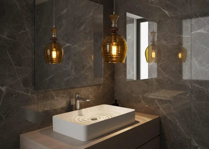 Hand Blown Amber Engraved Glass Pendant Light – Elongated Hanging Lamp | Les Trois Pyramides