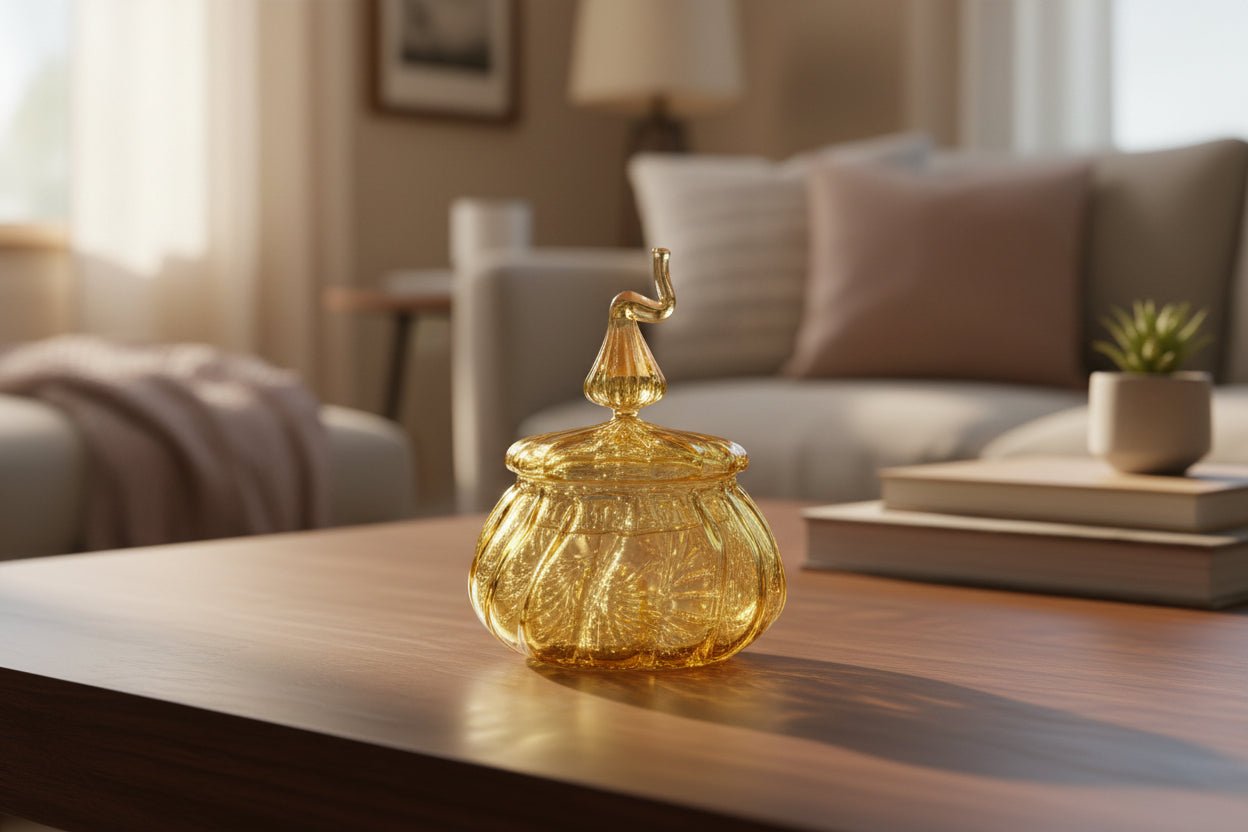 Hand Blown Amber Glass Candy Jar with Lid – Artisan Glass Storage Container