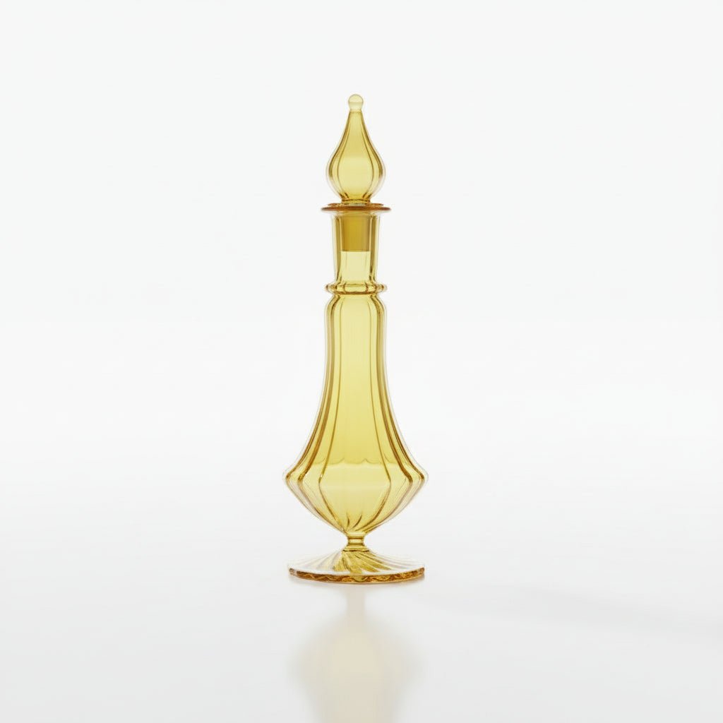 Decorative yellow decanter on a marble table in a living room setting