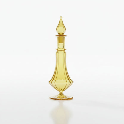 Decorative yellow decanter on a marble table in a living room setting