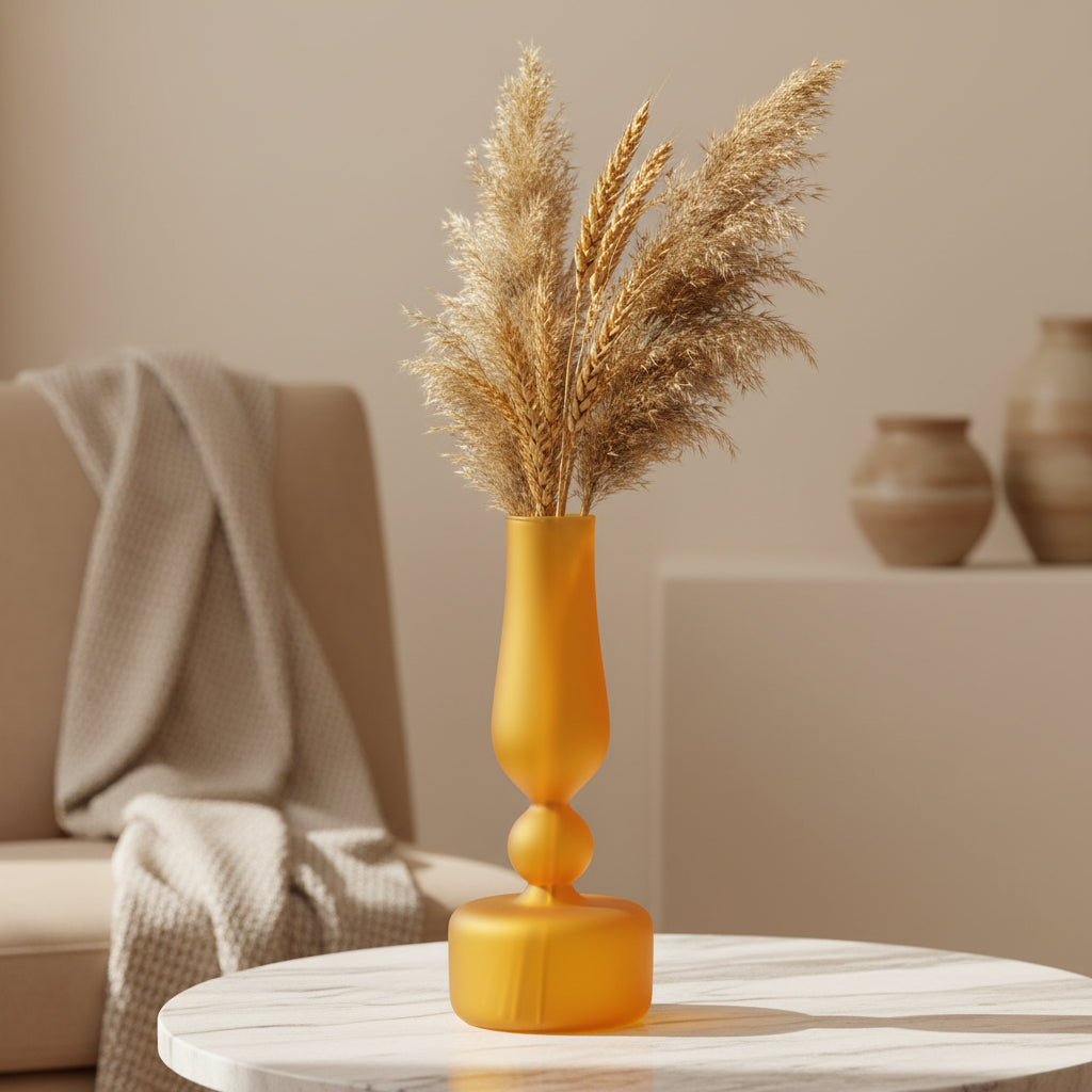 Hand-Blown Amber Yellow Glass Vase – Modern tall neck Design, Available in Clear or Frosted Finish