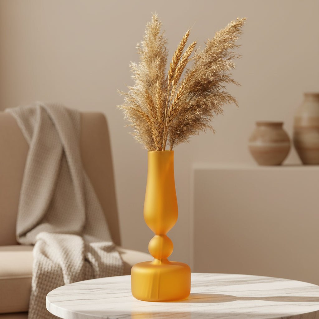 Hand-Blown Amber Yellow Glass Vase – Modern tall neck Design, Available in Clear or Frosted Finish