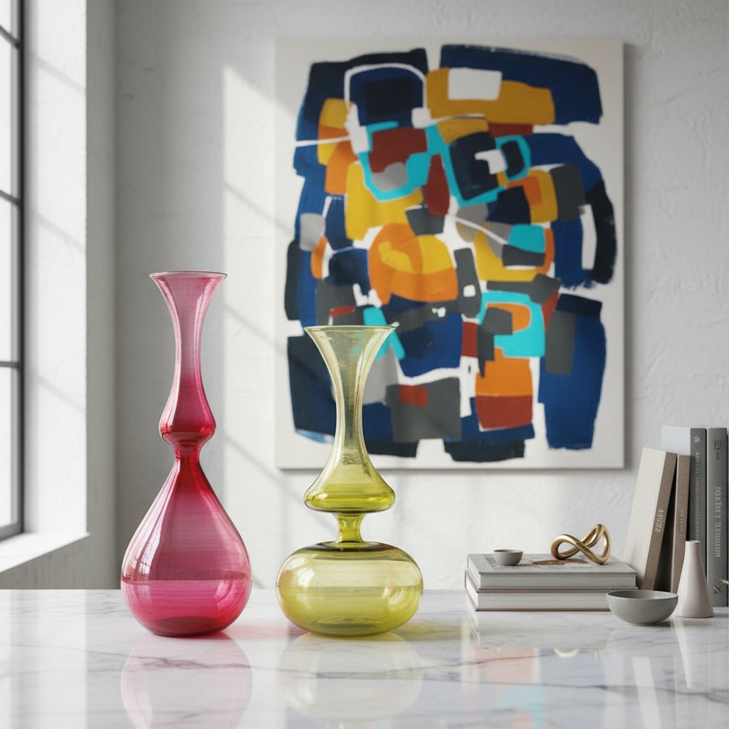 Two colorful vases on a table with abstract art in the background