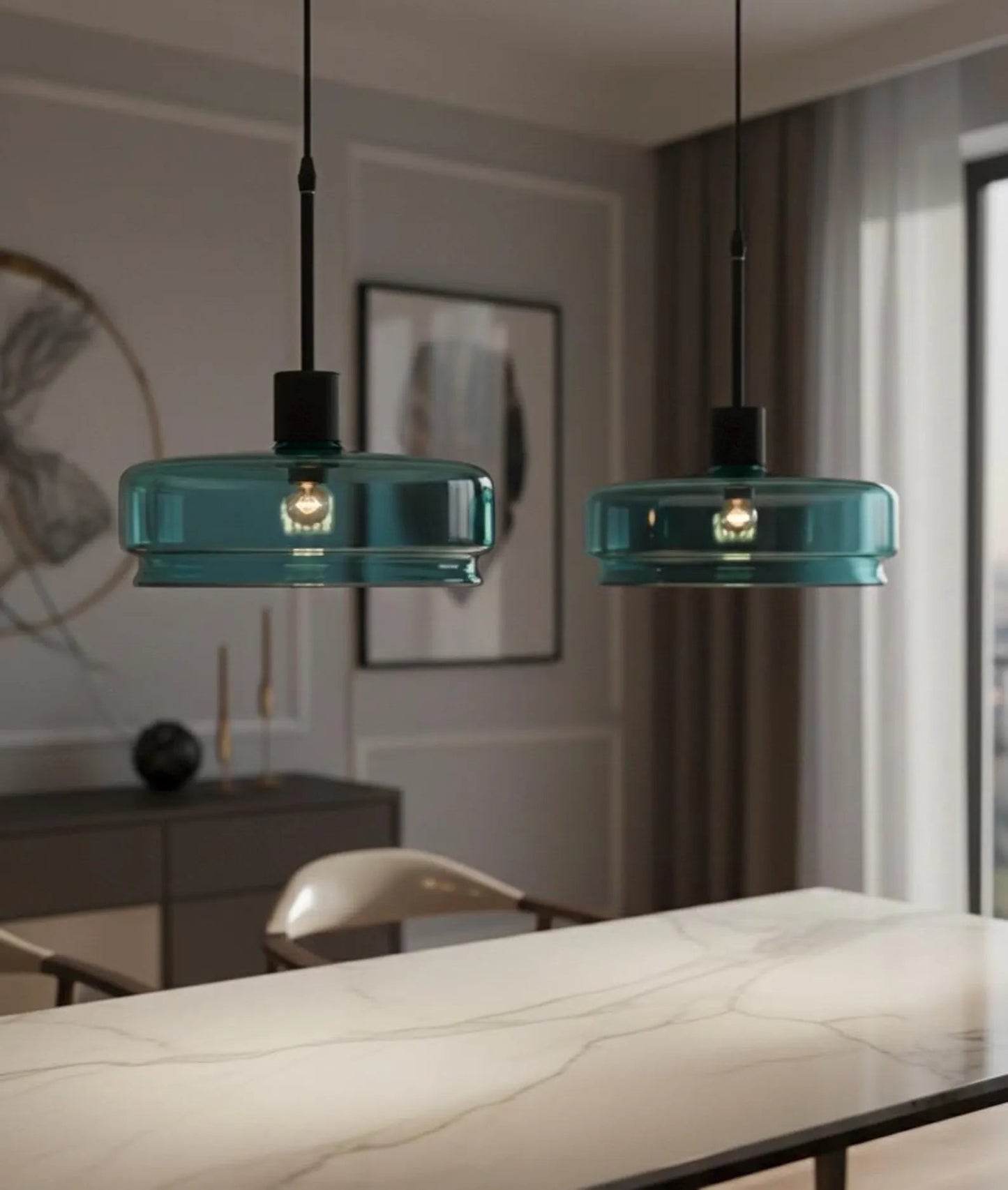 Teal Glass Pendant Light – Artisan Blown Glass Hanging Fixture  – Les Trois Pyramides.