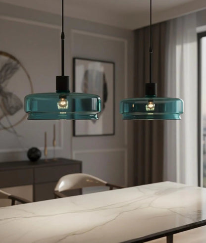 Teal Glass Pendant Light – Artisan Blown Glass Hanging Fixture  – Les Trois Pyramides.