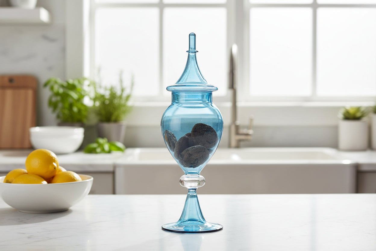 Hand Blown Blue Glass Candy Dish with Lid – Sculptural Glass Storage Jar