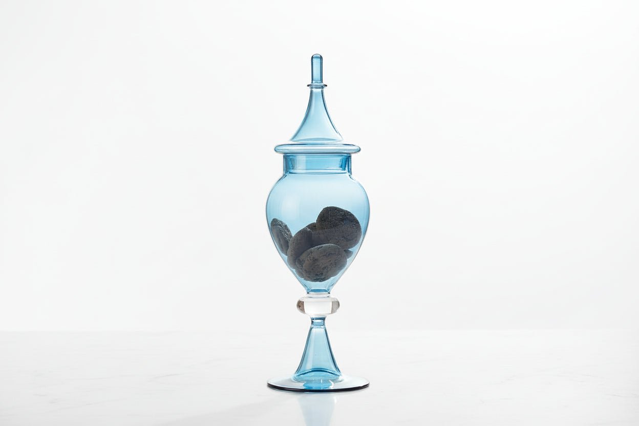 Hand Blown Blue Glass Candy Dish with Lid – Sculptural Glass Storage Jar