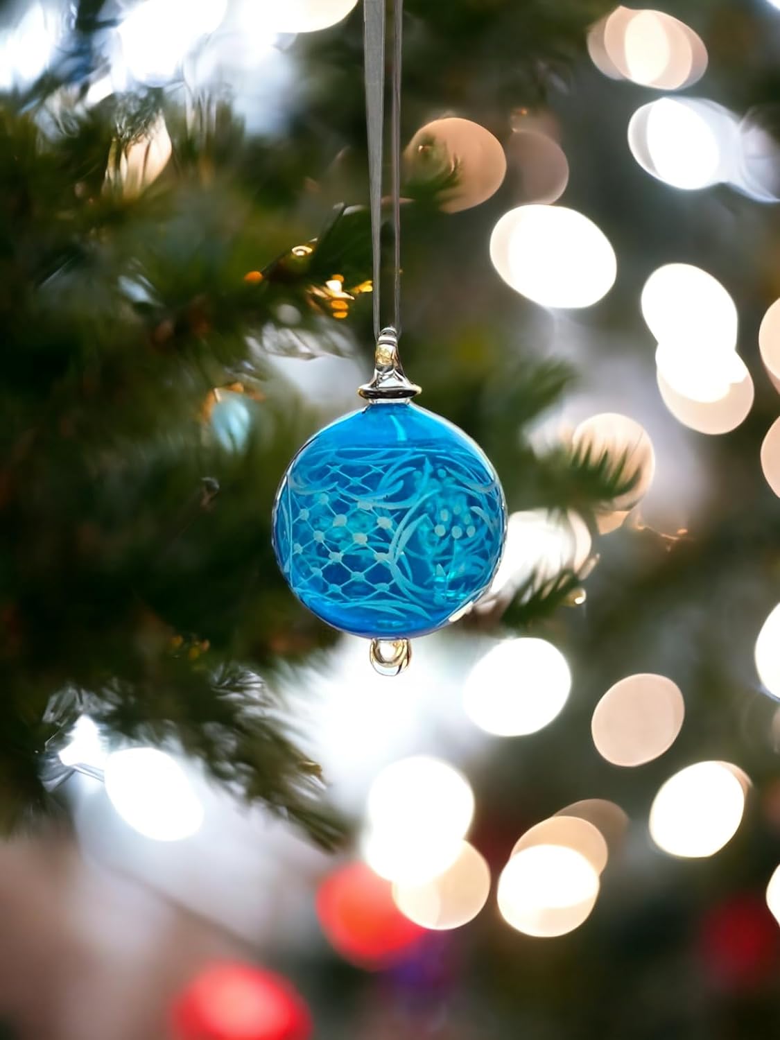 Hand-Blown Blue Glass Ornament with Intricate Etching – Elegant Holiday Tree Decoration