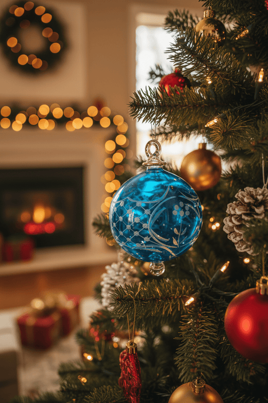 Hand-Blown Blue Glass Ornament with Intricate Etching – Elegant Holiday Tree Decoration