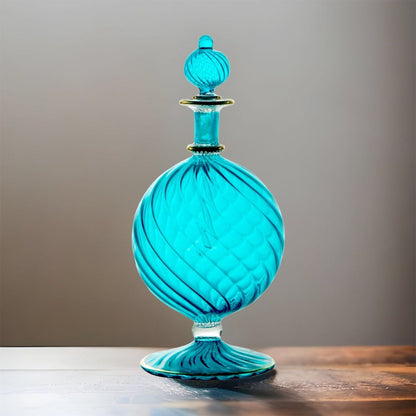 Hand-Blown Blue Glass Perfume Bottle with Swirled Design – Decorative Art Glass Piece | Les Trois Pyramides 