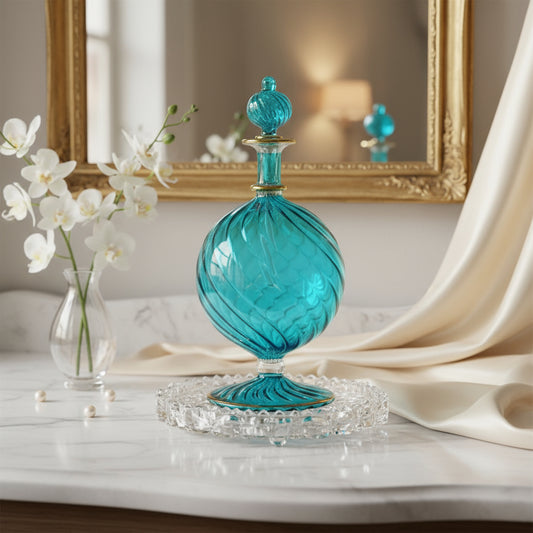 Hand-Blown Blue Glass Perfume Bottle with Swirled Design – Decorative Art Glass Piece | Les Trois Pyramides 
