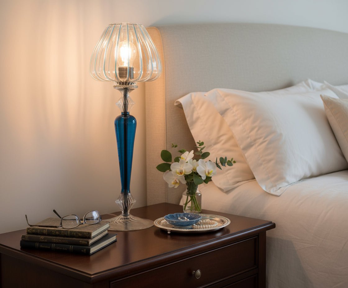 Hand-Blown Blue Glass Table Lamp | Bedside Artisan Glass Lamp
