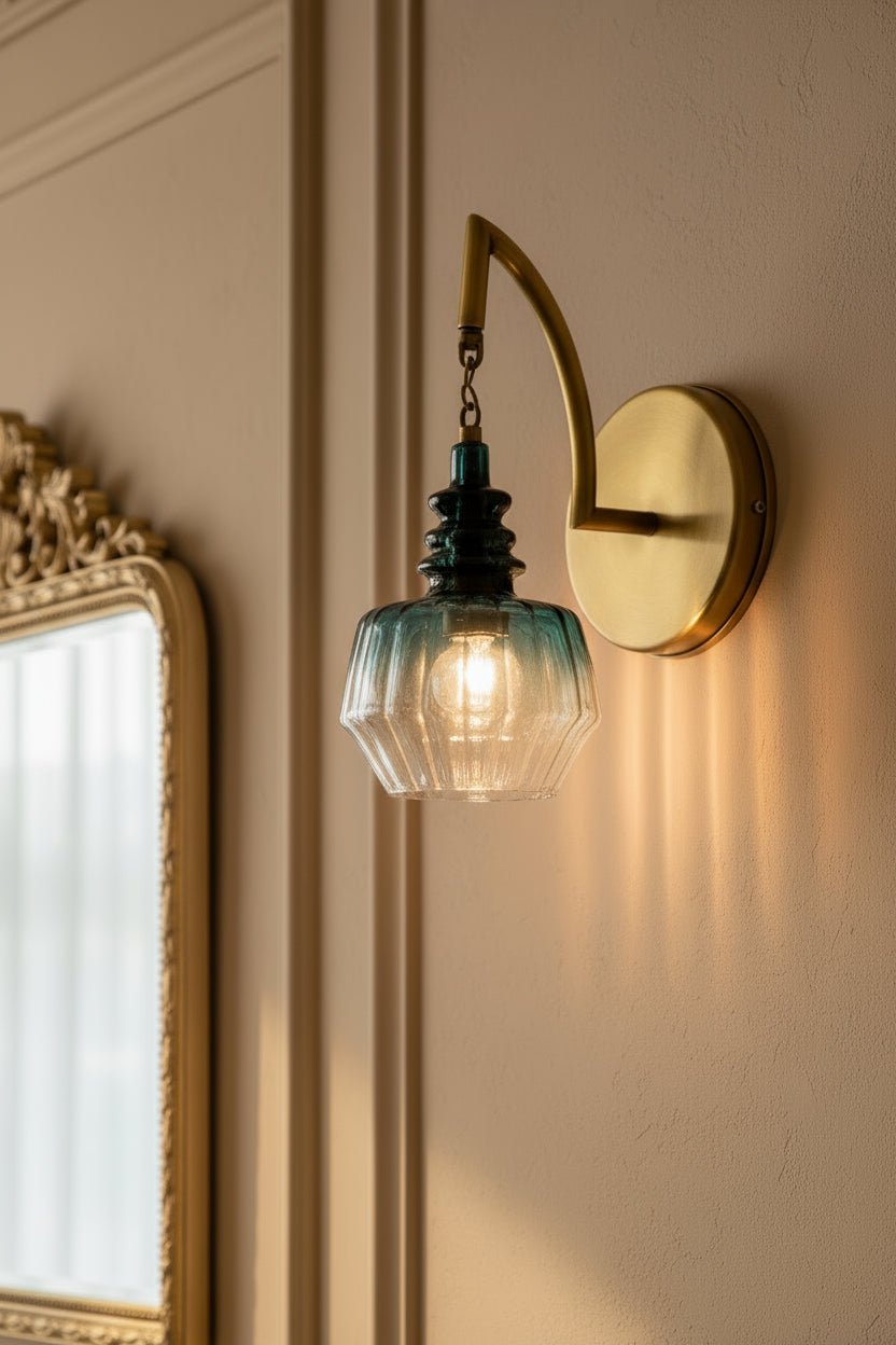 Hand-Blown Blue Green Ombré Glass Wall Sconce with Brass Arm