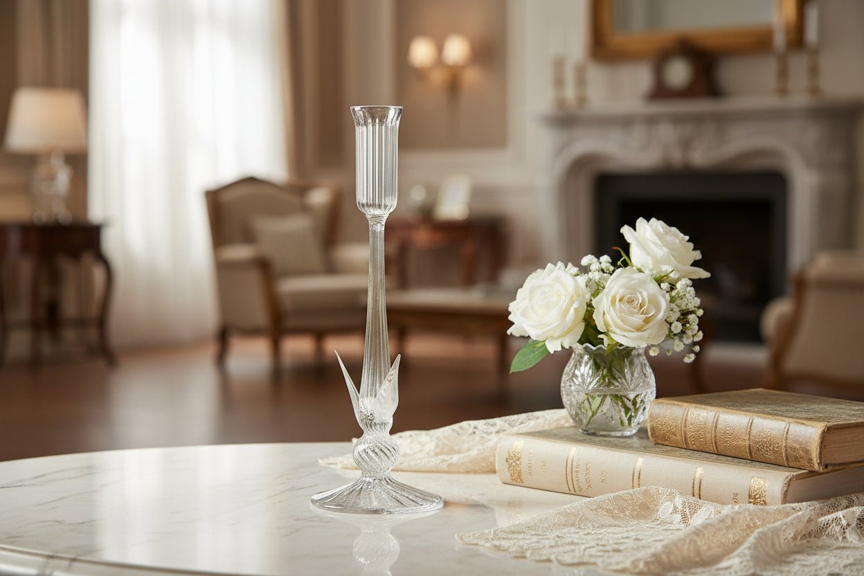 Hand Blown Clear Glass Candlestick Holders – Artisan Ribbed Candle Stands