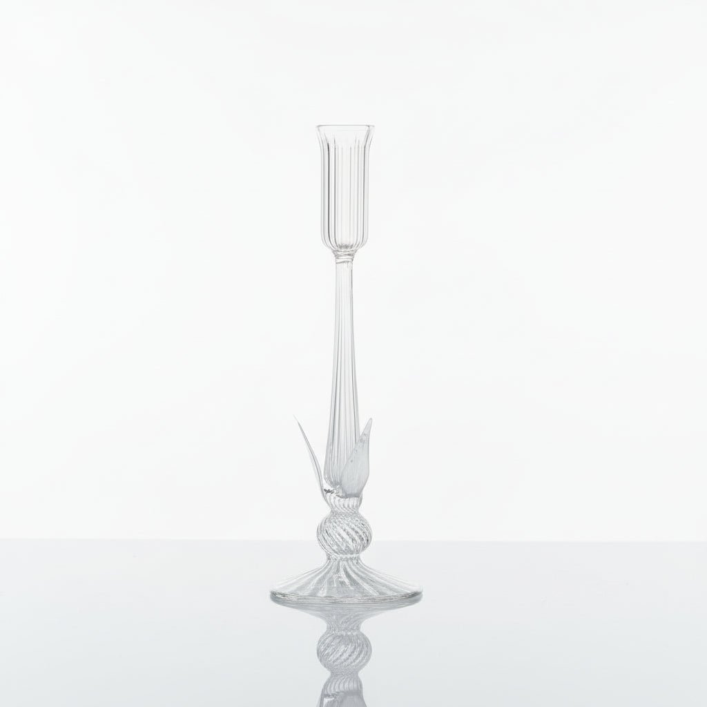 Hand Blown Clear Glass Candlestick Holders – Artisan Ribbed Candle Stands